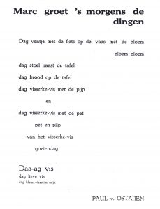 Paul van Ostaijen, « Marc groet 's morgens de dingen » (Marc salue les choses le matin), De Driehoek, 1, 1925