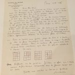 Lettre de Morris à Goscinny à propos de la documentation à réunir sur le télégraphe avec un croquis sur la construction des planches à 3 ou 4 bandes, Bruxelles, 19/04/1975