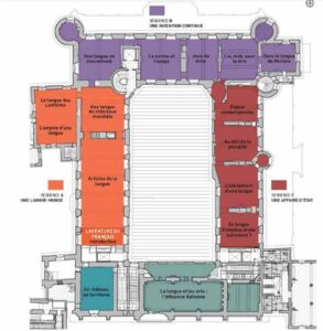 Plan de visite du parcours permanent de la Cité internationale de la langue française, au premier étage du Logis royal du château de Villers-Cotterêts.